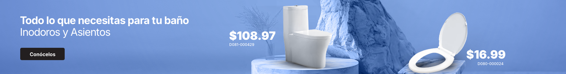 Inodoro a $144.99 y asiento de inodoro a $15.99. Precios de productos de baño AKUA