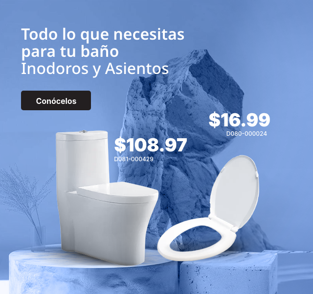 Inodoro a $144.99 y asiento de inodoro a $15.99. Precios de productos de baño AKUA