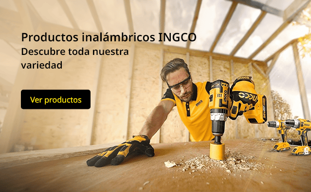 Trabajador utilizando un taladro inalámbrico INGCO en una construcción.