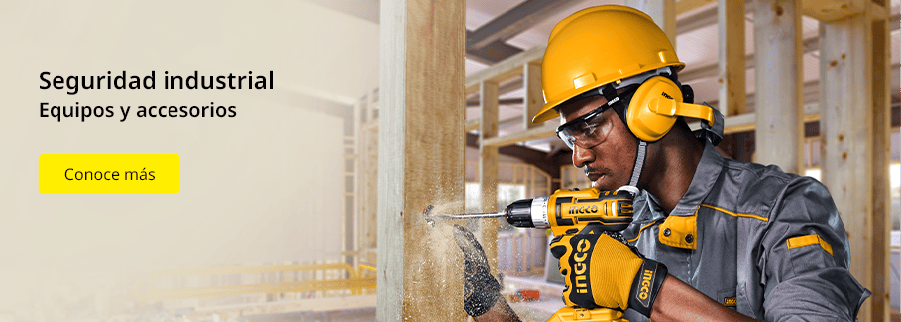 Trabajador utilizando equipo de seguridad y herramienta industrial INGCO.