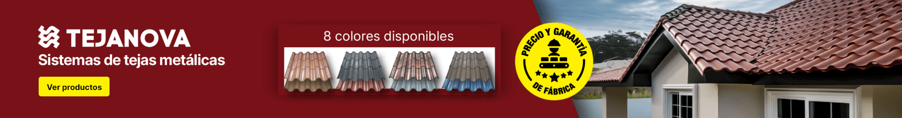 Tejas metálicas Tejanova en 8 colores diferentes para techos duraderos y estéticos.